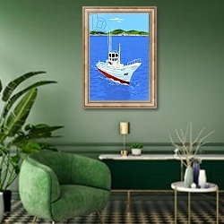 «Fishing boat and harbor» в интерьере гостиной в зеленых тонах