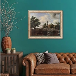 «Хаарлемский замок, Амстердам» в интерьере гостиной с зеленой стеной над диваном