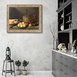 «Still life with fruit, 1648» в интерьере современной кухни в серых тонах