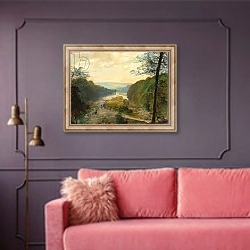 «The Wharfe Valley, with Barden Tower Beyond, 1870s» в интерьере гостиной с розовым диваном