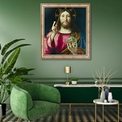 «Спаситель Мира» в интерьере гостиной в зеленых тонах