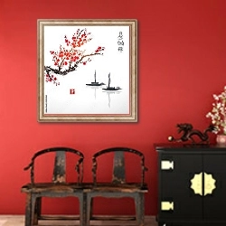 «Вишневое дерево в цвету и две рыбацкие лодки на воде» в интерьере в этническом стиле