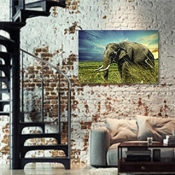 «Жующий травку слон» в интерьере двухярусной гостиной в стиле лофт с кирпичной стеной