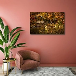 «Беседка у пруда в осеннем парке» в интерьере современной гостиной в розовых тонах