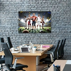 «Спортсмены на арене» в интерьере современного офиса с черной кирпичной стеной