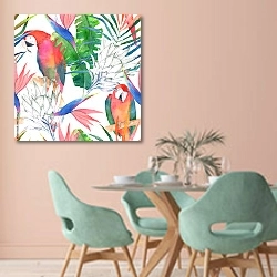 «Попугаи в листьях» в интерьере современной столовой в пастельных тонах
