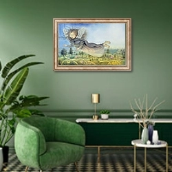 «Flying Fairy Over Landscape» в интерьере гостиной в зеленых тонах