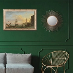 «Среднеземноморский порт на восходе» в интерьере классической гостиной с зеленой стеной над диваном