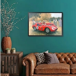 «Ferrari, day out at Meadow Brook» в интерьере гостиной с зеленой стеной над диваном