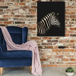 «Профиль зебры на черном фоне» в интерьере в стиле лофт с кирпичной стеной и синим креслом