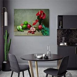«Натюрморт с красными цветами, гранатами и яблоками на деревянном столе» в интерьере современной кухни в серых цветах