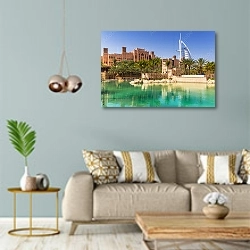 «Удивительная архитектура, тропический курорт в Дубае, ОАЭ» в интерьере современной гостиной с голубыми стенами