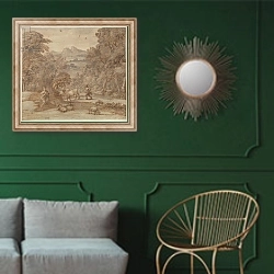 «Landscape with Mercury and Apollo as a Shepherd, 1673» в интерьере классической гостиной с зеленой стеной над диваном