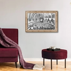 «The Gathering in the Synagogue, 1705» в интерьере гостиной в бордовых тонах