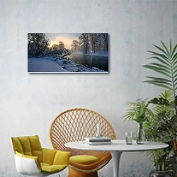 «Истра, Россия. Рассвет на зимней реке» в интерьере современной гостиной с желтым креслом