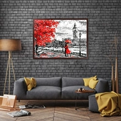 «Мужчина и женщина под красным зонтиком в Лондоне» в интерьере в стиле лофт над диваном