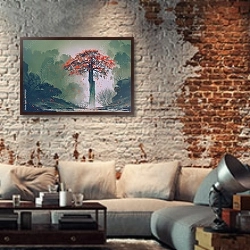 «Одинокое красное дерево с падающими листьями» в интерьере гостиной в стиле лофт с кирпичной стеной