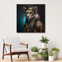 «Леопард в шапке и куртке» в интерьере современной комнаты над креслом