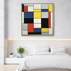 «Large Composition with Black, Red, Grey, Yellow and Blue, 1919-1920» в интерьере светлой минималистичной спальне над кроватью