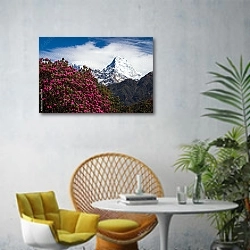 «Непал. Горный пейзаж с рододендронами» в интерьере современной гостиной с желтым креслом