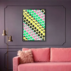 «Overlayed Dots» в интерьере гостиной с розовым диваном