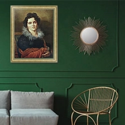 «Портрет Дарьи Николаевны Хвостовой. 1814» в интерьере классической гостиной с зеленой стеной над диваном