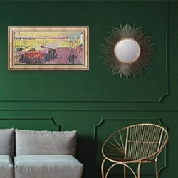 «Fire of St. Jean on the Ile Tudy, 1895» в интерьере классической гостиной с зеленой стеной над диваном