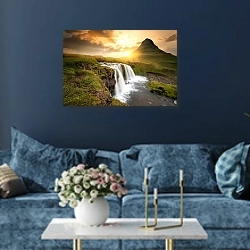 «Исландия. Закат над водопадом» в интерьере современной гостиной в синем цвете