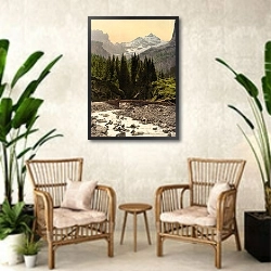 «Швейцария. Речка в горах и ледник» в интерьере комнаты в стиле ретро с плетеными креслами
