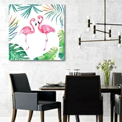 «Два розовых фламинго в пальмовых листьях» в интерьере современной столовой с черными креслами