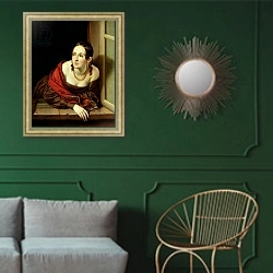 «Woman at her Window or, The Wife of a Treasurer, 1841» в интерьере классической гостиной с зеленой стеной над диваном