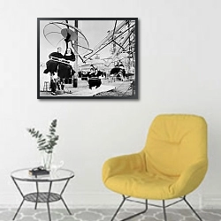 «История в черно-белых фото 876» в интерьере комнаты в скандинавском стиле с желтым креслом