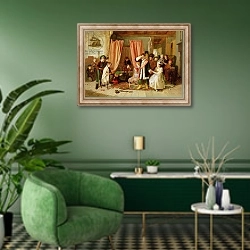 «Children acting the 'Play Scene', Act II, Scene ii, from 'Hamlet', 1863» в интерьере гостиной в зеленых тонах