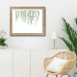 «Свисающие зеленые растения» в интерьере гостиной в скандинавском стиле над комодом