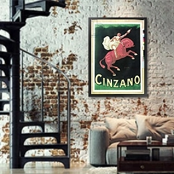 «Poster advertising Cinzano, 1925» в интерьере двухярусной гостиной в стиле лофт с кирпичной стеной