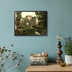 «Великобритания. Замок Раглан, обнесённый рвом с водой» в интерьере в стиле ретро с бирюзовыми стенами