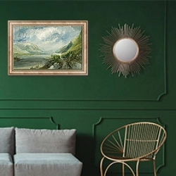 «Junction of the Lahn, 1817» в интерьере классической гостиной с зеленой стеной над диваном