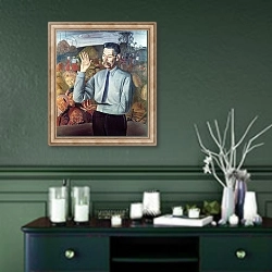 «Portrait of Maxim Gorky, 1926» в интерьере прихожей в зеленых тонах над комодом