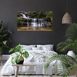 «Водопад в лесу 1» в интерьере современной спальни с черными стенами