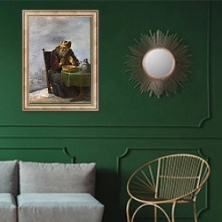«Зима 5» в интерьере классической гостиной с зеленой стеной над диваном