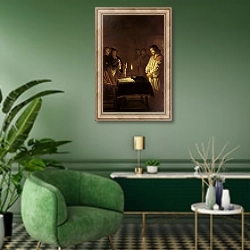 «Christ before the High Priest, 1617» в интерьере гостиной в зеленых тонах