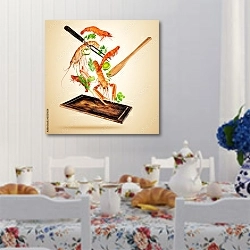 «Летающие креветки и омары» в интерьере кухни в стиле прованс над столом с завтраком