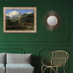 «Мужчина и помощник пашут с буйволом» в интерьере классической гостиной с зеленой стеной над диваном