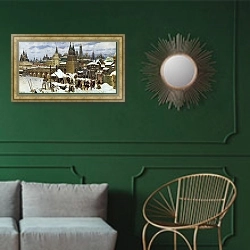 «Всехсвятский каменный мост. Москва конца XVII века. 1901» в интерьере классической гостиной с зеленой стеной над диваном