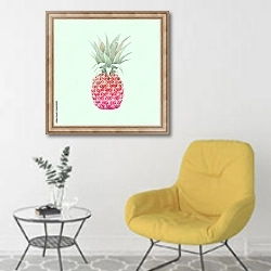 «Акварельный розовый ананас» в интерьере комнаты в скандинавском стиле с желтым креслом