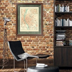 «Карта Будапешта, конец 19 в.» в интерьере кабинета в стиле лофт с кирпичными стенами