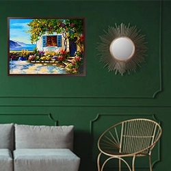 «Красивый дом на берегу моря» в интерьере классической гостиной с зеленой стеной над диваном