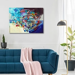 «Разноцветная динамичная абстракция » в интерьере современной гостиной над синим диваном