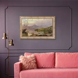 «Sugarloaf from Wickham Lake, 1876» в интерьере гостиной с розовым диваном