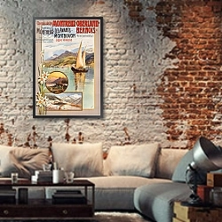 «Poster advertising Montreux-Oberland-Bernois train journeys, c. 1910» в интерьере гостиной в стиле лофт с кирпичной стеной